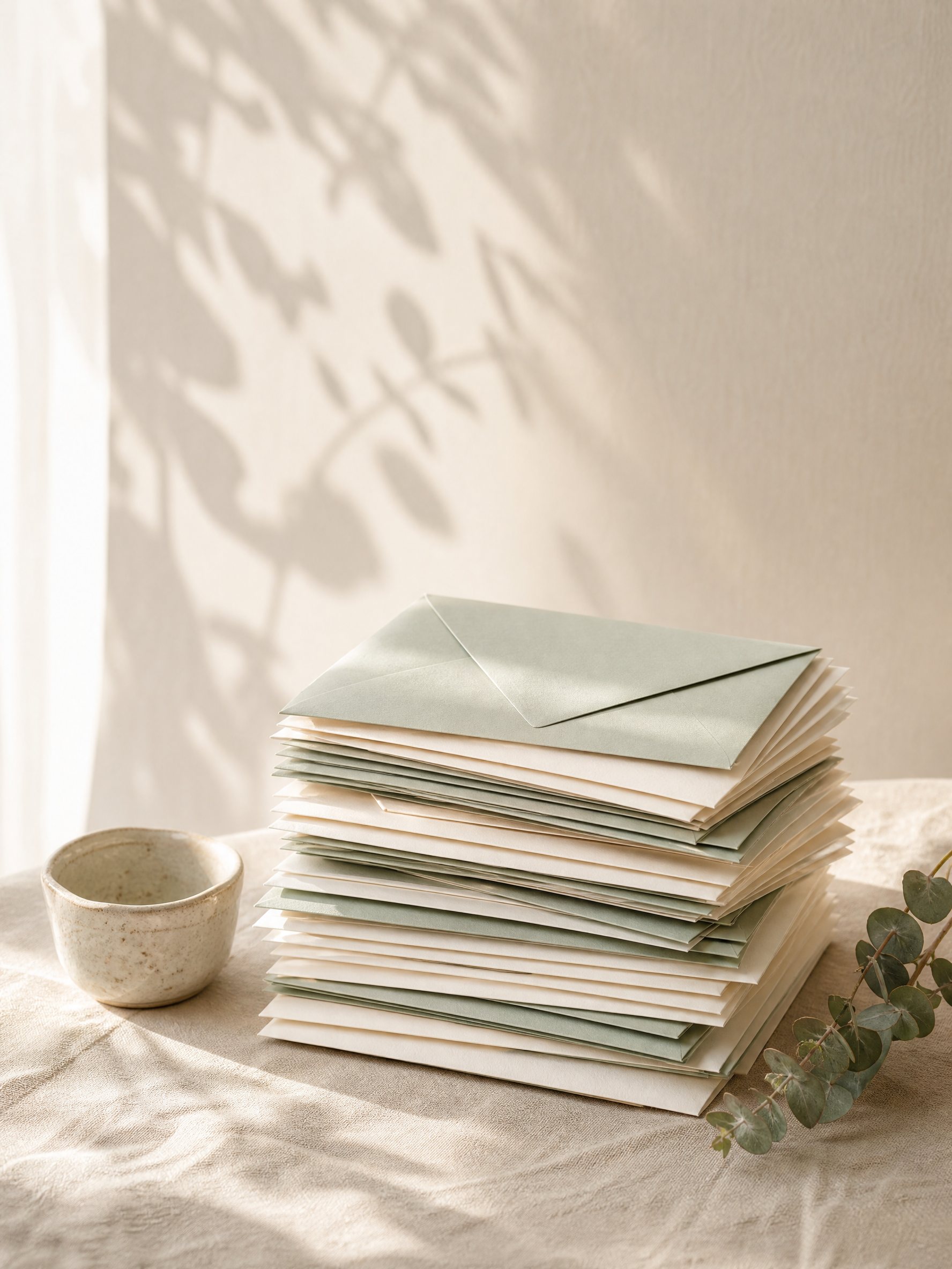Pile d’enveloppes sauge et crème sur une nappe en lin